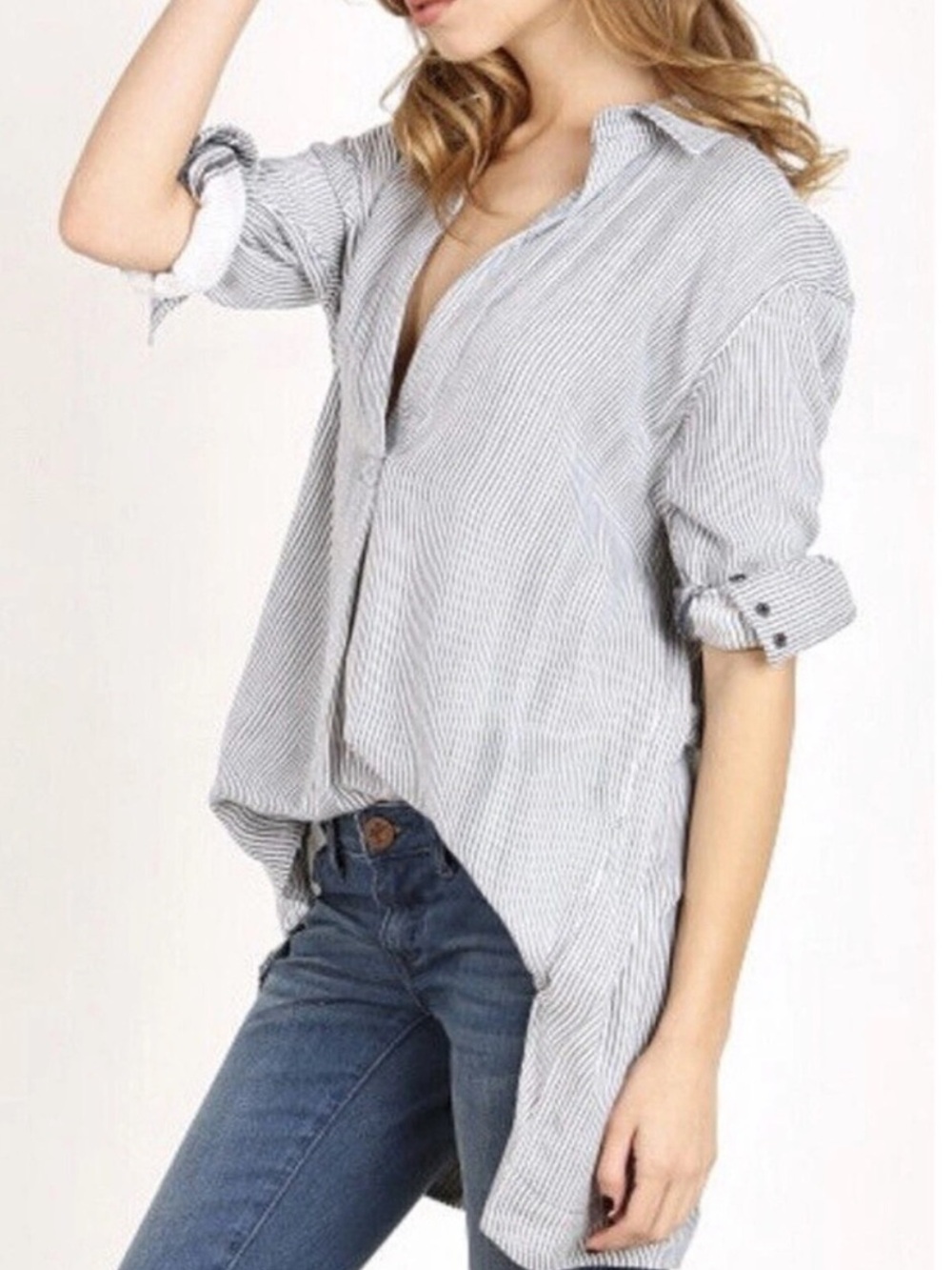 Free People On the Road Blue and White Striped V Neck L/S Pullover
